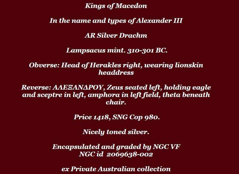 AR Drachm NGC Certified VF Alexander III Kings of Macedon