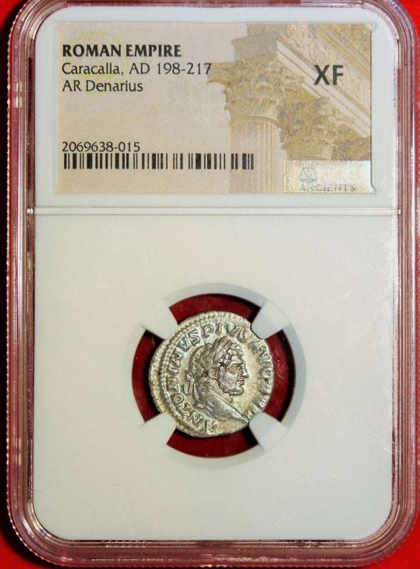 AR Denarius, NGC Certified XF Caracalla Mars Roman Silver coin
