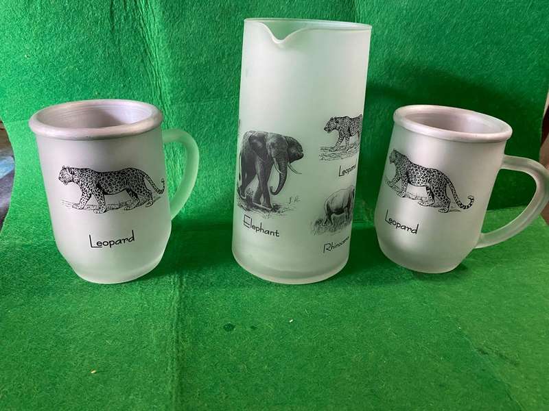 BIG FIVE GLASS PITCHER AND  THERMAL BEER MUGS