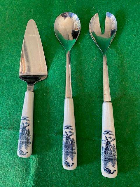 Set of Dutch porcelain salad servers and cake server Delft design