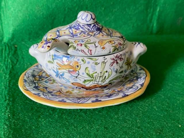 SMALL HANDPAINTED PORTUGESE MUSTARD BOWL AND SPOON