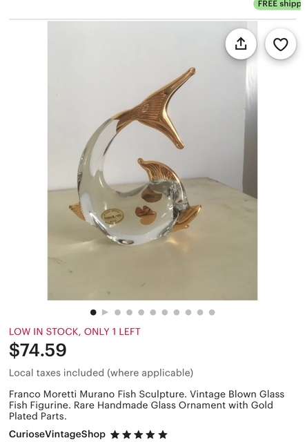 FRANCO MORETTI MURANO   GLASS FISH SCULPTURE VINTAGE