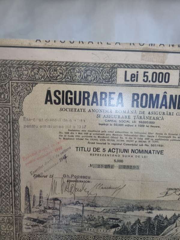 Antique Romanian insurance share certificate 1942