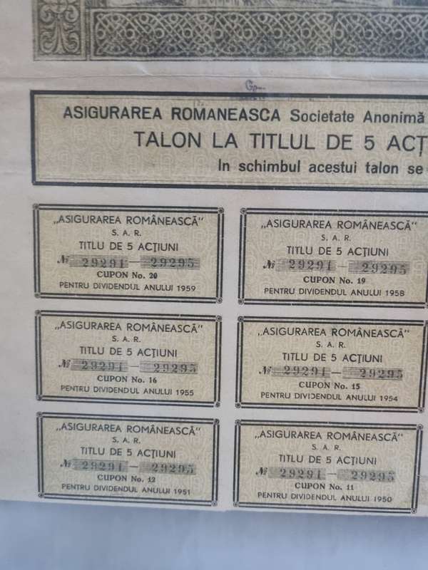 Antique Romanian insurance share certificate 1942