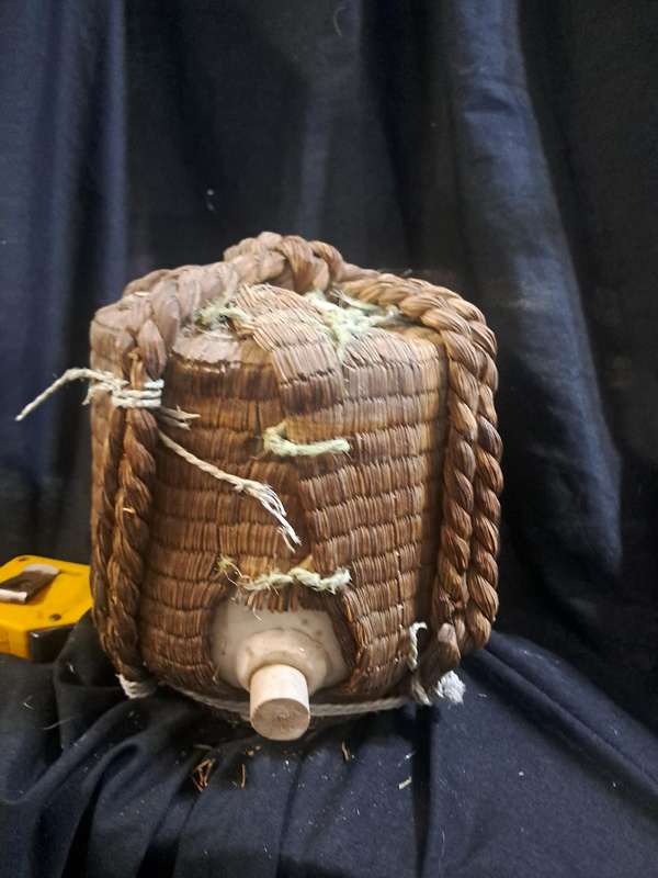 Vintage Japanese sake glass barrel covered bamboo kiku-masamune empty