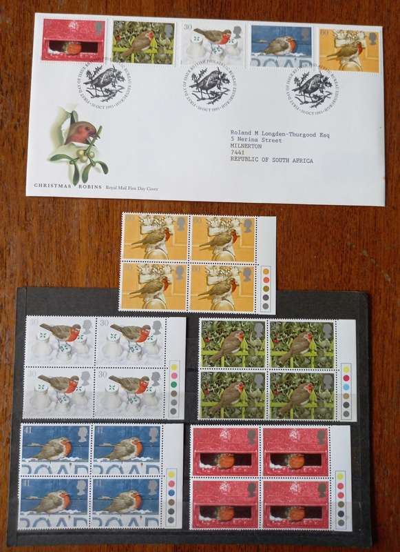 Britain 1995 Christmas Robins FDC + 5 MNH blocks of 4