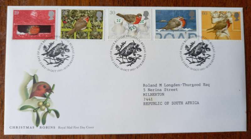 Britain 1995 Christmas Robins FDC + 5 MNH blocks of 4