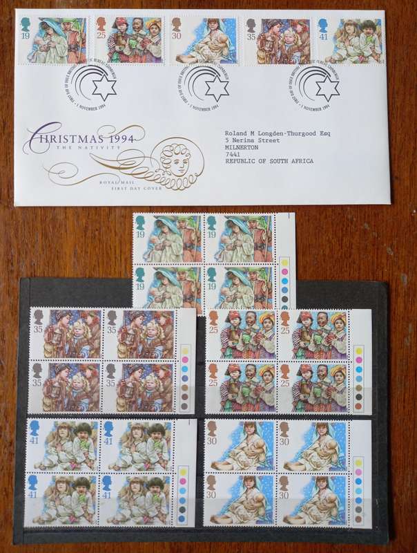 Britain 1994 Christmas FDC + 5 MNH blocks of 4
