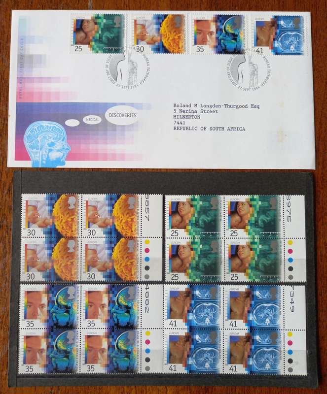 Britain 1994 Medical Discoveries FDC + 4 MNH blocks of 4