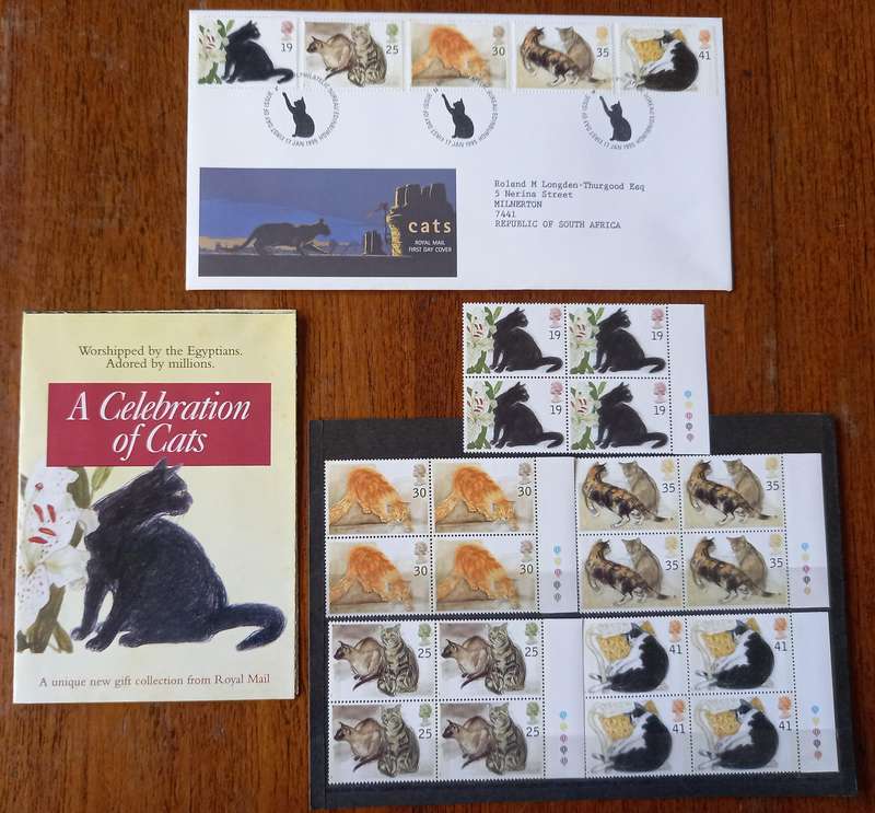 Britain 1995 Cats FDC + 5 MNH blocks of 4