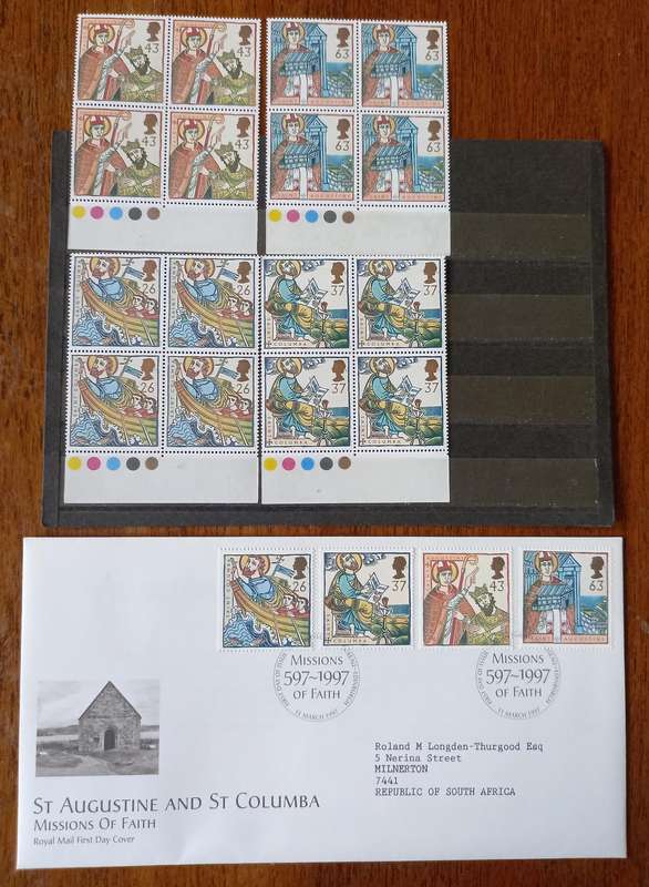 Britain 1997 St Augustine & St Columba Missions of Faith FDC + 4 blocks of 4 MNH