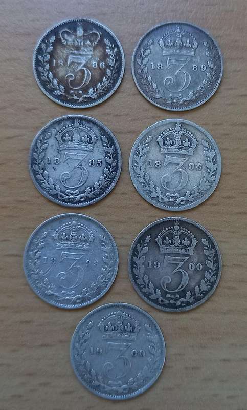 Lot of 7 Great Britain 3 Pence coins of the late 1800s