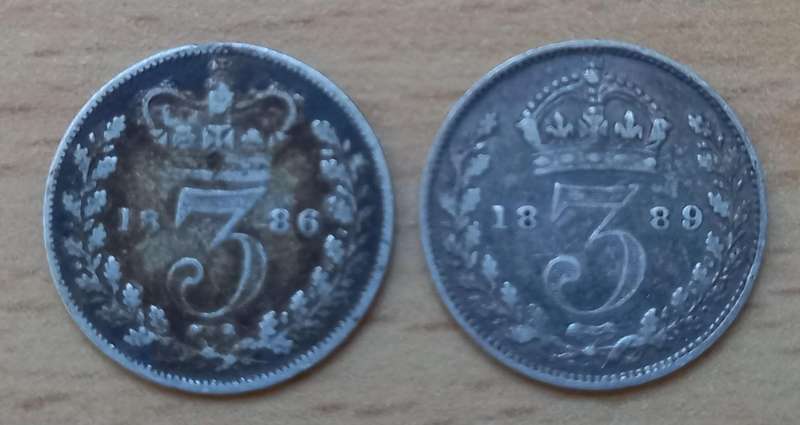 Lot of 7 Great Britain 3 Pence coins of the late 1800s