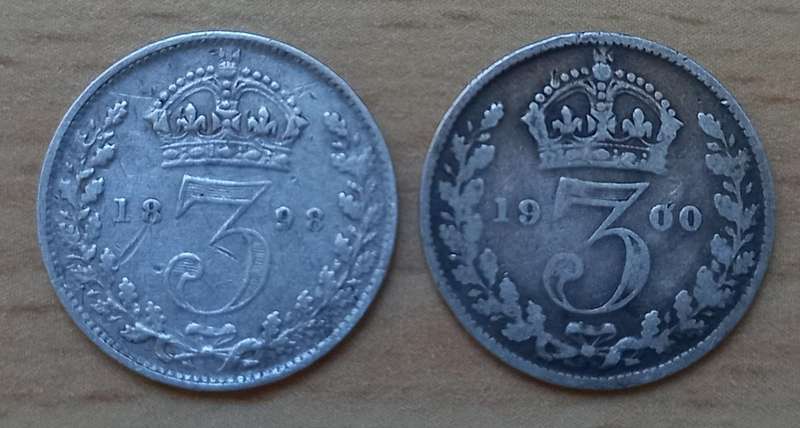Lot of 7 Great Britain 3 Pence coins of the late 1800s