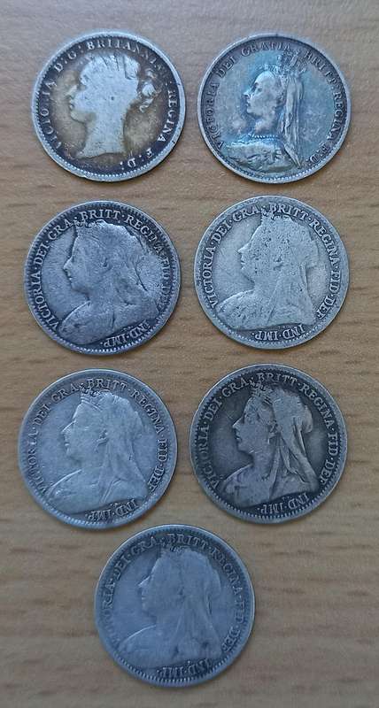 Lot of 7 Great Britain 3 Pence coins of the late 1800s