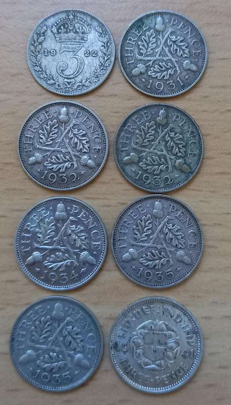 Lot of 8 silver Great Britain 3 Pence coins 1920s to 1940s