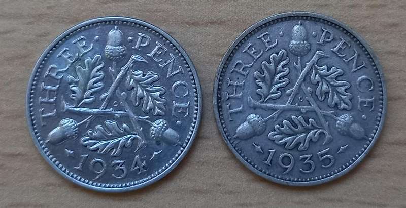Lot of 8 silver Great Britain 3 Pence coins 1920s to 1940s