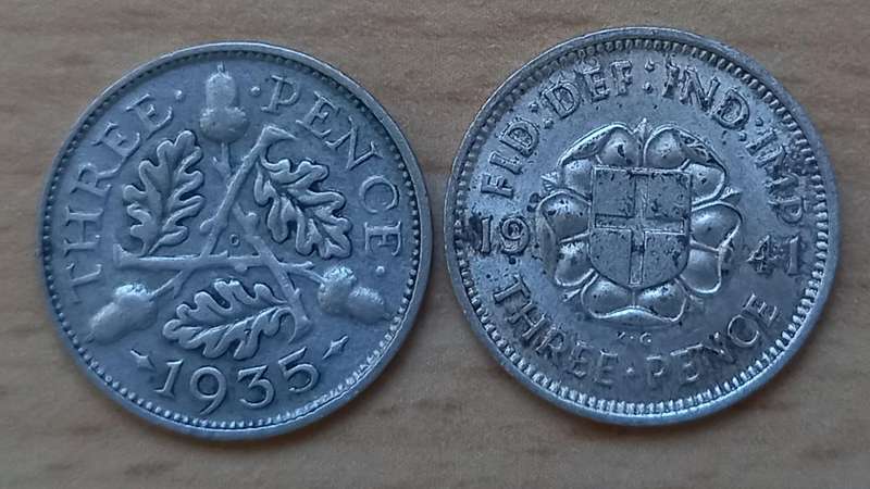 Lot of 8 silver Great Britain 3 Pence coins 1920s to 1940s