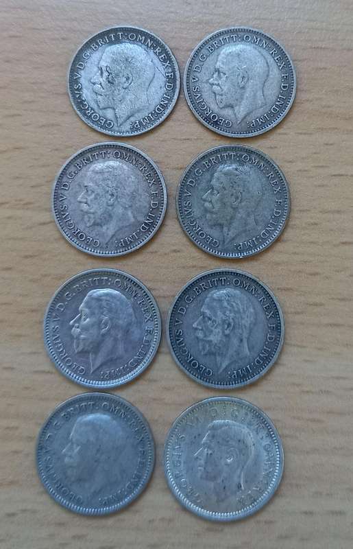 Lot of 8 silver Great Britain 3 Pence coins 1920s to 1940s