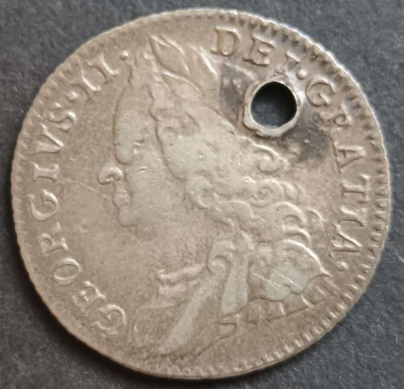 Great Britain George II sterling silver six pence 1758 holed