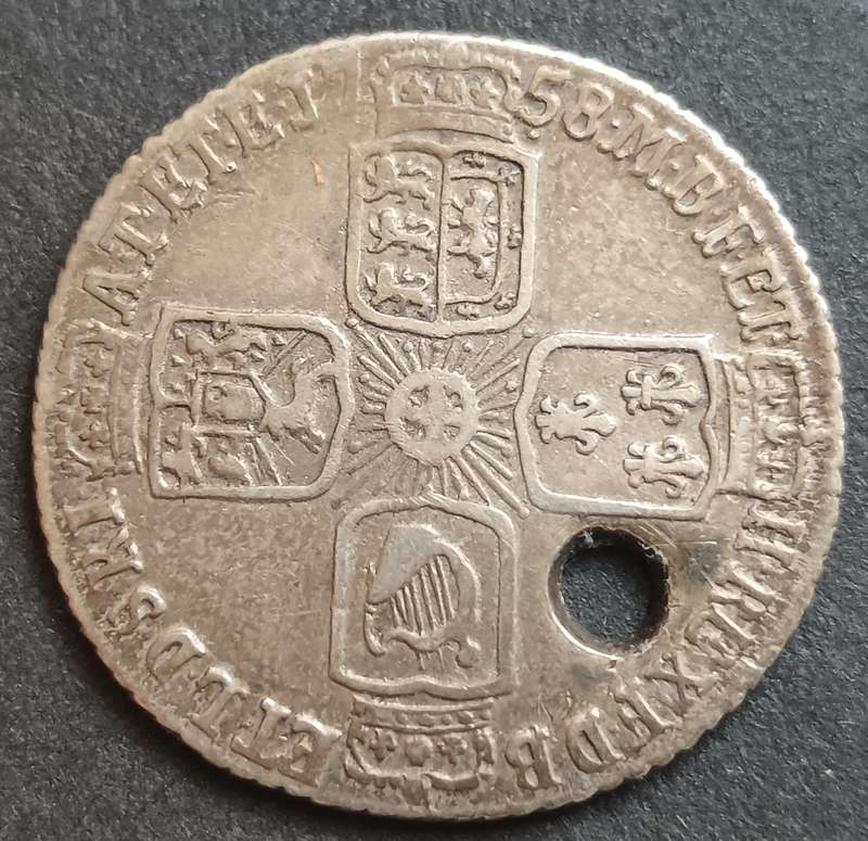 Great Britain George II sterling silver six pence 1758 holed