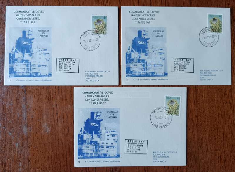RSA 1977 maiden voyage of vessel Table Bay 9 covers (3 types with variation)