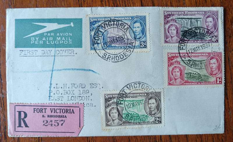 Southern Rhodesia 1937 registered airmail first day cover Fort Victoria to East London