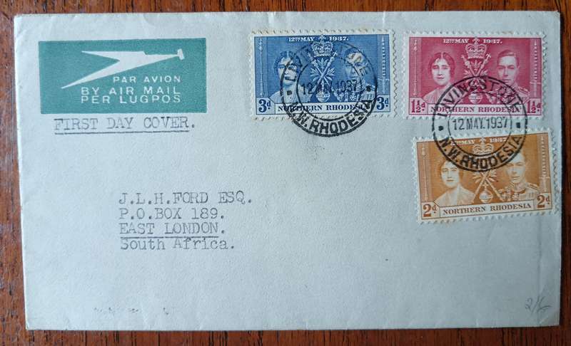 Northern Rhodesia 1935 first day cover Livingstone to East London