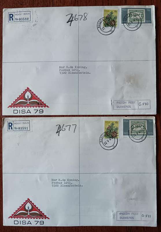 RSA pair of Disa 1977 pigeon post registered envelopes