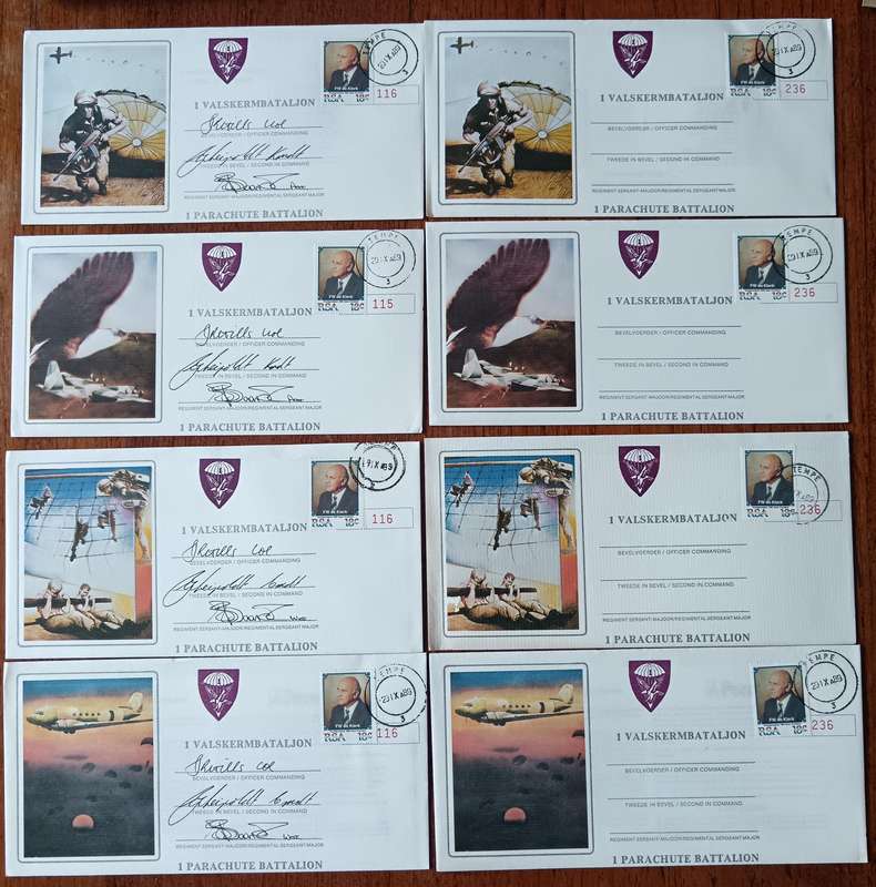 RSA 1 Parachute Battalion 8 covers, 4 types, 4 signed, 4 unsigned
