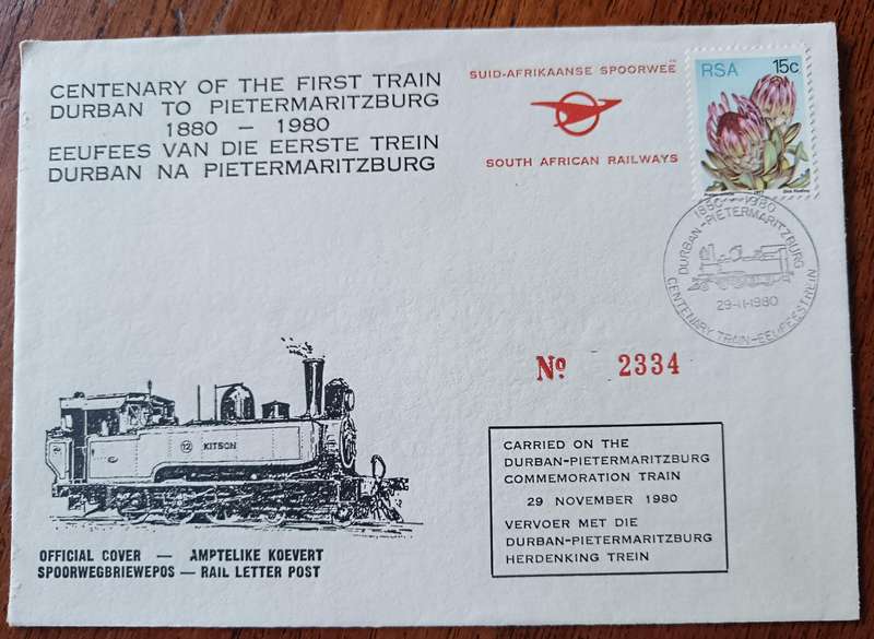 RSA 1980 Centenary Durban to Pietermaritzburg Railways cover