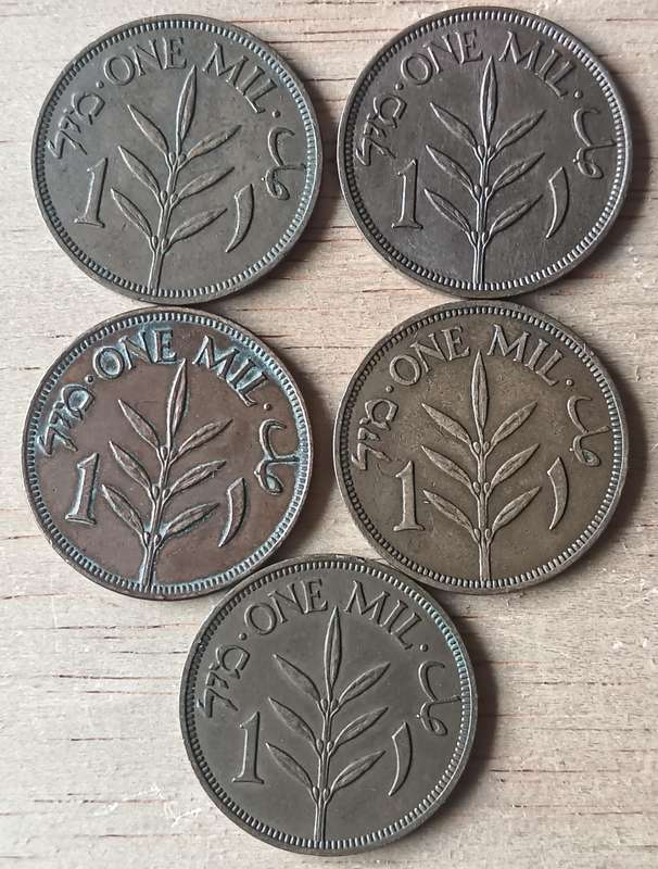 Palestine 1 Mil 1927, 1937, 1939(x2) and 1942