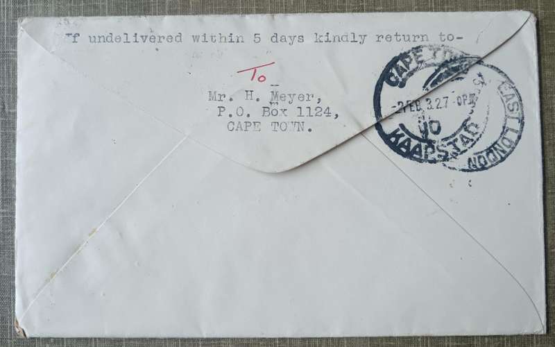 Imperial Airways first regular airmail cover England to South Africa, East London via Cape Town 1932