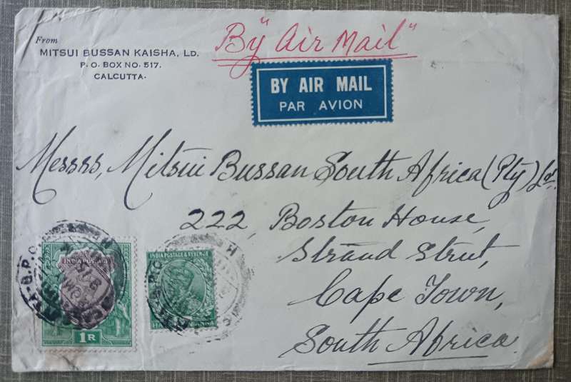 Airmail business cover Mitsui Bussan Kaisha Calcutta India to Cape Town 1933