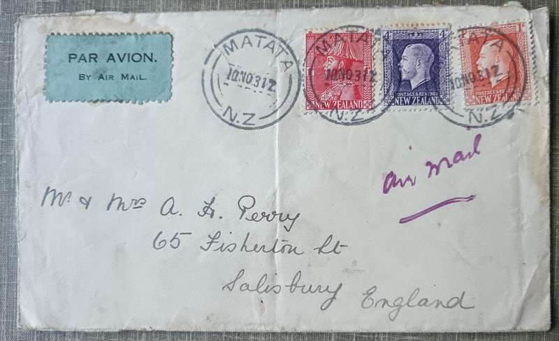 New Zealand 1931 airmail cover Matata to Salisbury England