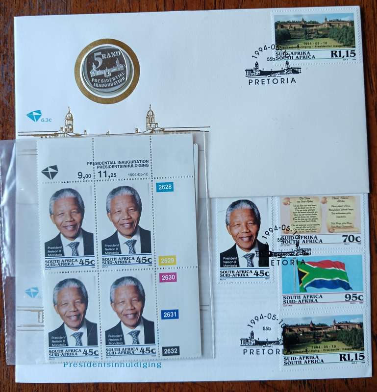 Mandela 1994 R5 proof coin FDC 6.3c, plus FDC 6.3b, plus full set of control blocks
