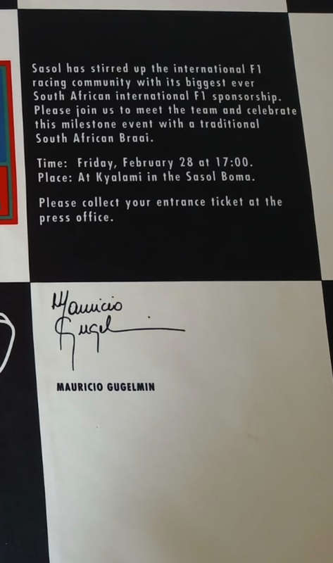 Chequered Flag Invite for the Launch of Sasol Jordan F1 at the Kyalami GP of 1992