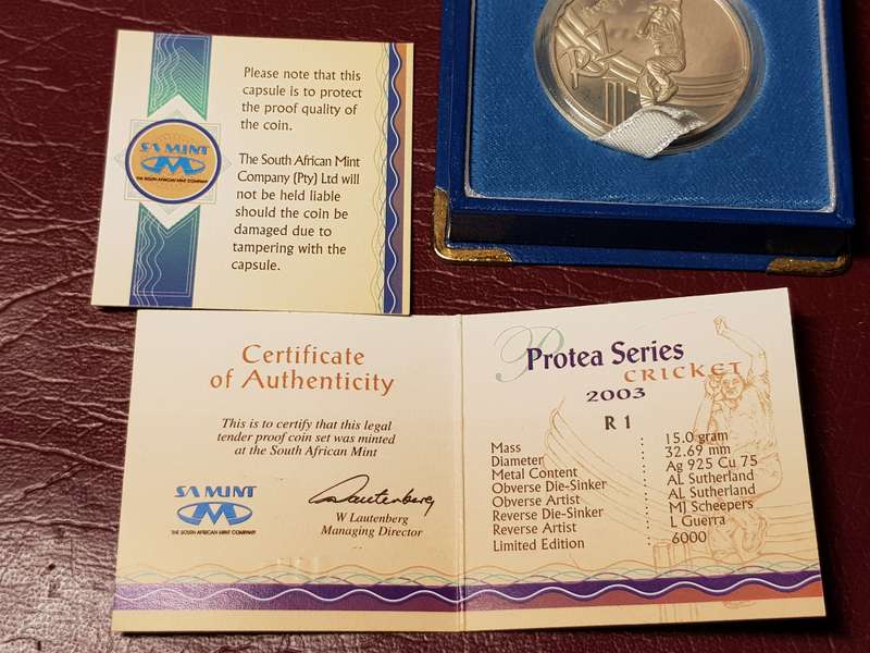 2003 RSA Sterling Silver R1 Cricket Proof Capsuled In Original SAM Box With C.O.A.