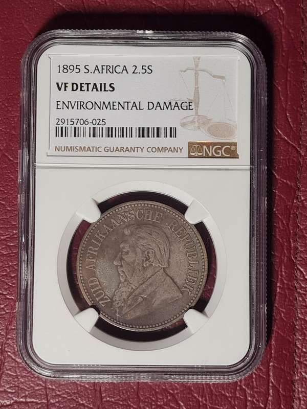1895 ZAR Sterling Silver 2½ Shillings NGC Graded VF Details