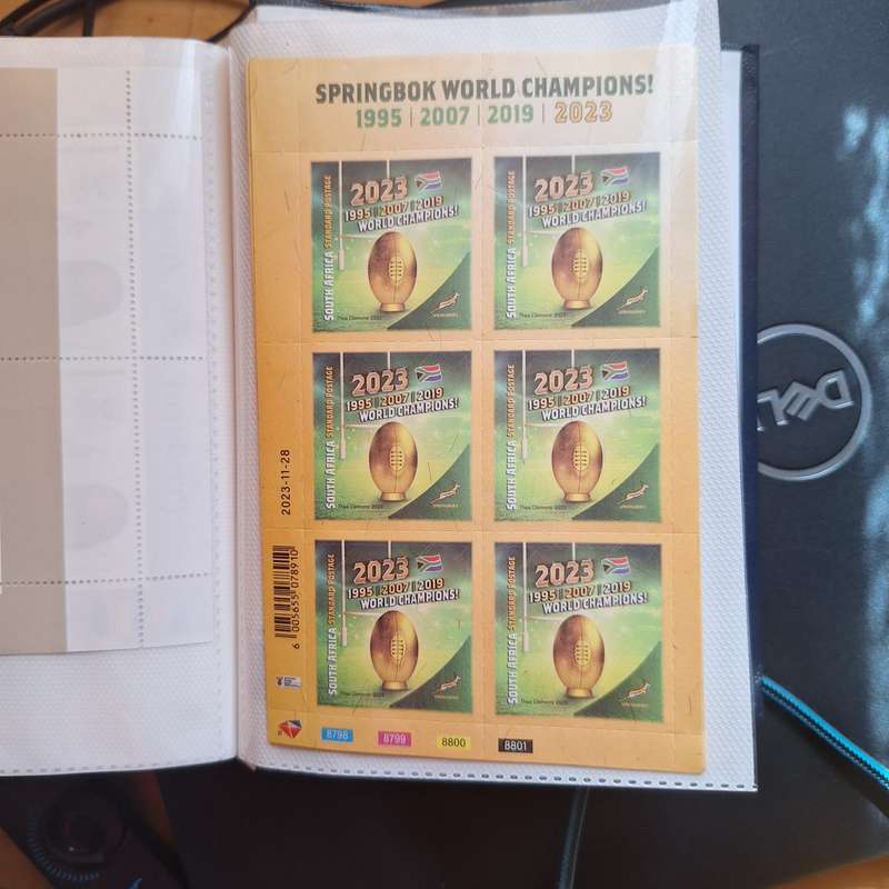 Complete stamp sheet of Springboks 4 x Rugby world cup champions