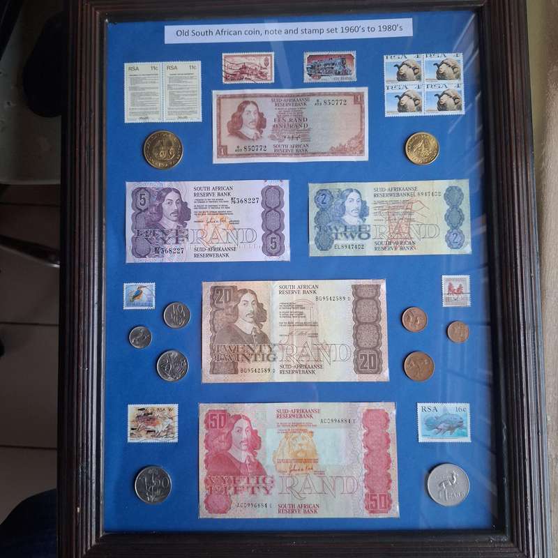 Old South African note, coin and stamp set