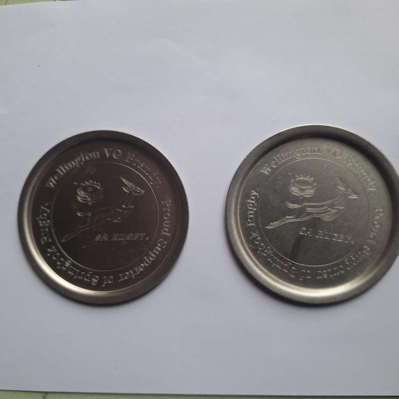 2 x VO Brandy Springbok Supporter steel coasters