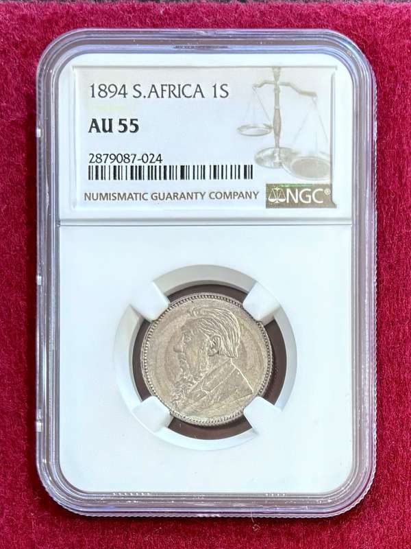 Superb Graded ZAR 1894 Silver Shilling (1S): NGC AU55