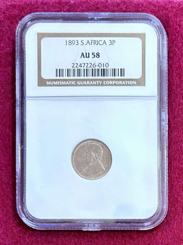 Graded ZAR 1893 Silver Tickey (3P): NGC AU58