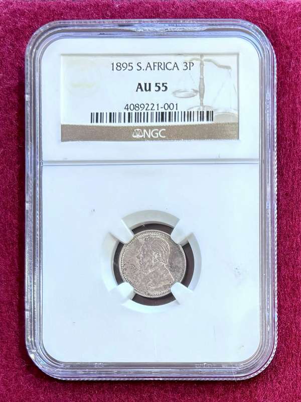 Graded ZAR 1895 Silver Tickey (3P): NGC AU55