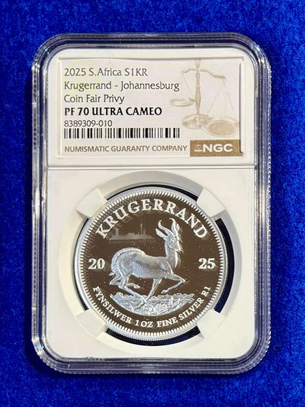 Graded RSA 2025 Proof Silver Kruger R1 with JHB Privy: NGC PF70