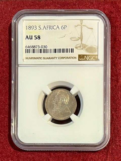 Graded ZAR 1893 Silver Sixpence (6P): NGC AU58