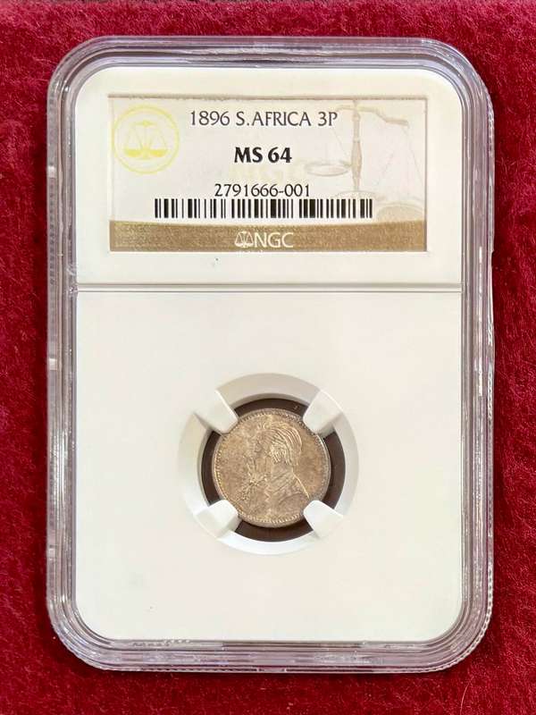 Stunning Graded ZAR 1896 Silver Tickey (3P): NGC MS64