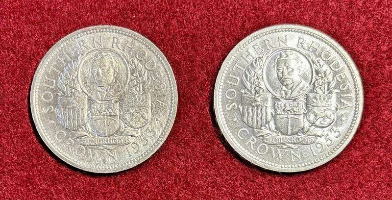 Pair of Rhodesia 1953 Uncirculated Silver Crowns (5s) BOTH VARIATIONS - Bid per Coin