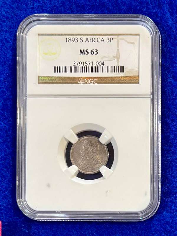 Graded ZAR 1893 Silver Tickey (3P): NGC MS63